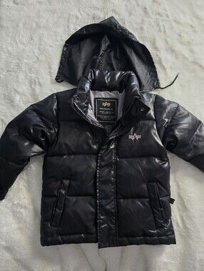 ALPHA IND. Black Kid's Puffer Jacket with Hood And Embroidered Logo